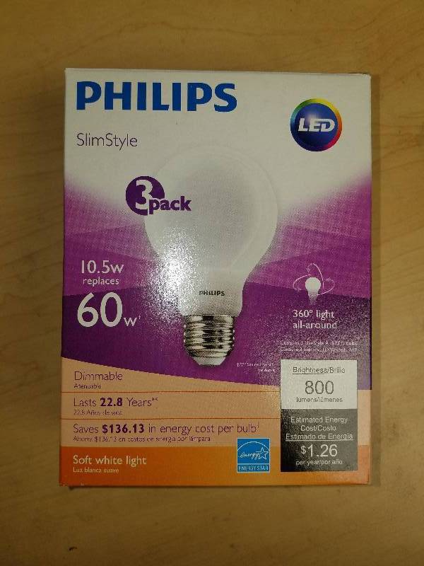 lot 1910 image: Phillips Slim Style LED A19 Bulbs- 3 pack