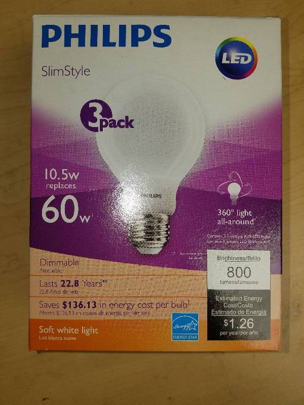 lot 1912 image: Phillips Slim Style LED A19 Bulbs- 3 pack
