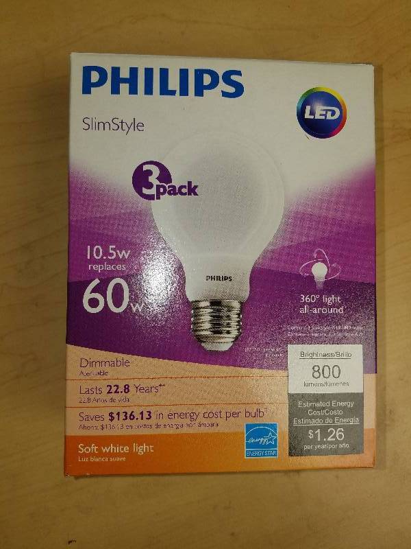 lot 1913 image: Phillips Slim Style LED A19 Bulbs- 3 pack