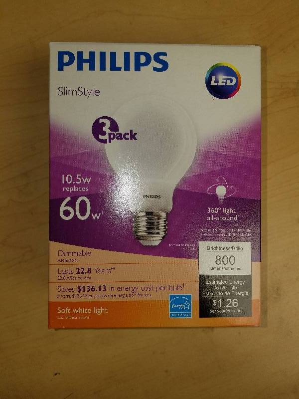 lot 1914 image: Phillips Slim Style LED A19 Bulbs- 3 pack