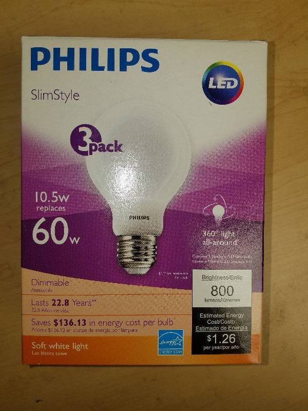 lot 1915 image: Phillips Slim Style LED A19 Bulbs- 3 pack