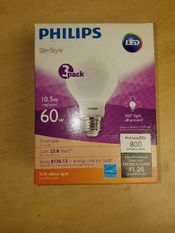 lot 1916 image: Phillips Slim Style LED A19 Bulbs- 3 pack