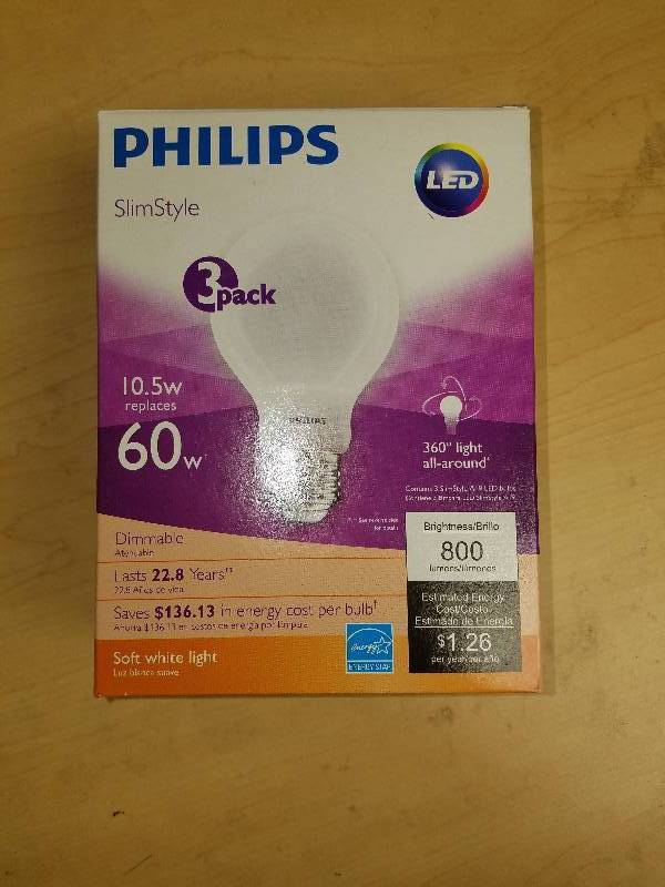 lot 1917 image: Phillips Slim Style LED A19 Bulbs- 3 pack