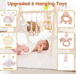 lot 17695 image: Wooden Baby Gym with 6 Hanging Toys $48 retail