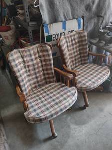 lot 1618 image: two dinner table chairs wood with cloth seats