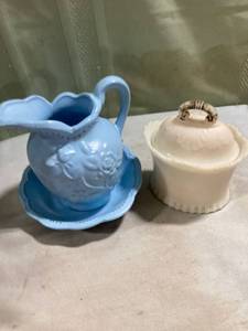 lot 5249 image: 6 inch pitcher and bowl, blue and white ceramic trinket container