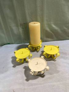 lot 7747 image: 3) yellow candleholders,1) cream, colored candle holder candle, not included