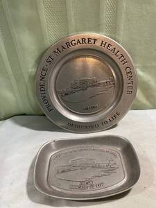 lot 7758 image: 2). Pewter dishes, same picture different shapes.