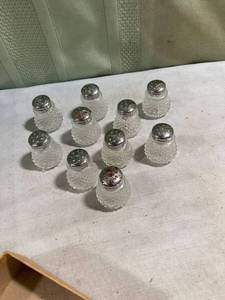 lot 7795 image: 10) glass, silver top salt and pepper shaker