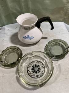 lot 7966 image: 3) ashtrays. 1) 5 12 inch corning ware 4 cup coffee pot.