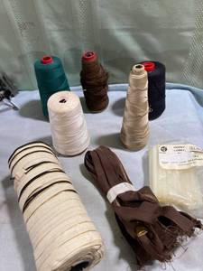 lot 7986 image: 5) spools of thread, zippers, skinny, glue sticks, and binding