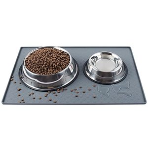 lot 7056 image: Coomazy Dog Bowl Mat, Sillicone Waterproof Pet Feeding Placement Tray to Stop Cat Food Spills and Water Messes Out to Floor (L 23.6x15.7in, Grey)
