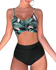lot 7061 image: OMKAGI Women High Waisted Bandage Bikini Tie Knot Two Piece Push Up Swimsuits(S,17-Plant Printing Black)