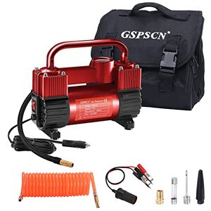 lot 7070 image: GSPSCN Red Tire Inflator Heavy Duty Double Cylinders, Portable Metal DC 12V Air Compressor, 150PSI Tire Pump with Adapter for Car, Truck, SUV Tires, Dinghy, Air Bed etc