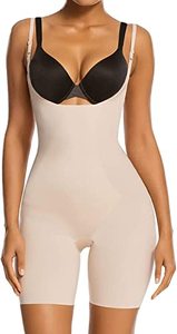 lot 7072 image: SHAPERX Tummy Control Shapewear for Women Seamless Colombianas Bodysuit Open Bust Mid Thigh Body Shaper Shorts, SZ2490293-Beige-S