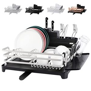 lot 7076 image: ROTTOGOON Upgraded Aluminum Dish Drying Rack, Rustproof Dish Rack and Drainboard Set with Drainage, Utensil Holder, Cup Holder, Compact Dish Drainer for Kitchen Counter, 16.9x12.2, Black & Silver