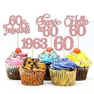 lot 7077 image: Gyufise 30Pcs 60th Birthday Cupcake Toppers 60 Fabulous Cupcake Picks Cheers to 60 1963 Cake Decorations for Happy 60th Birthday Wedding Anniversary Party Decoration Supplies Rose Gold