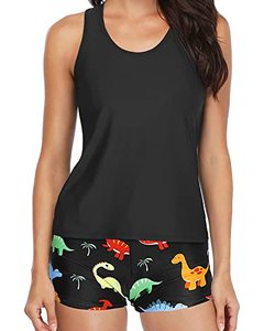 lot 7080 image: Yonique 3 Piece Swimsuits for Women Athletic Tankini Teen Bathing Suit Tummy Control Modest Swimwear with Boy Shorts Black Dinosaur L