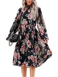 lot 7081 image: ANRABESS Womens Ruffle Midi Dress Floral Print Round Neck Long Sleeve Smocked Chiffon Dress A-Ling Swing Pleated Casual Dress 676meiguihei-L