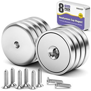 lot 7082 image: Pack of 8 Neodymium Magnet Cup 100 LBS Pull Force Rare Earth Magnets with Countersunk Hole Industrial Strength Round Base, 1.26D x 0.2H, Screws Included (8)