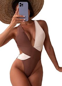 lot 7085 image: Meetall High Cut Cheeky Color Block Swimsuits for Women Sexy One Piece Bathing Suit for Women Cutout Monokini Cute Swimwear Brown Size L