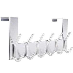 lot 7089 image: SKOLOO Over The Door Hook Hanger- 6 Hooks, Stainless Steel Door Hook, Over Door Rack for Hanging Coats Clothes Hats Robes, Silver