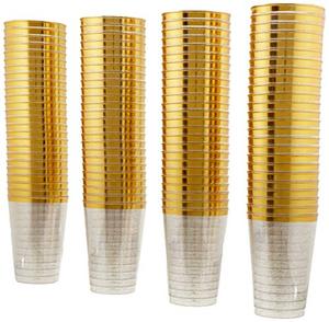 lot 7092 image: 100 Count Hard Plastic 12-Ounce Party CupsOld Fashioned Tumblers Ideal for Home, Office, Bars, Wedding, Bridal and Baby Shower, Birthday, Retirement, Anniversary, party (Gold Glitter with Gold Rim)