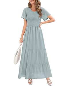 lot 7094 image: Annebouti Short Sleeve Smocked Dress Women Summer Swiss Dot Casual Maxi Dress