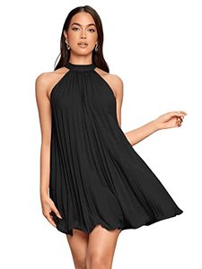 lot 7097 image: SweatyRocks Womens Sleeveless Tie Back Halter Dress Mini Swing Pleated A-line Skater Dress Solid Black L