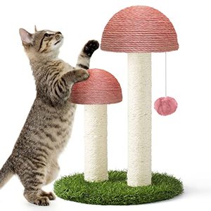 lot 7107 image: DONORO 18 Cat Scratching Posts for Indoor Cats Featuring with 2 Mushroom Scratch Poles and Interactive Dangling Ball, Sisal Rope Cat Scratcher Tree for Small Cat Kitten (Pink)
