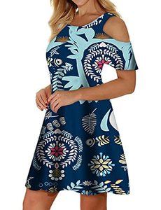 lot 7109 image: LURANEE Women Cold Shoulder Short Sleeve Above Knee T-Shirt Dress with Pockets Dark Blue