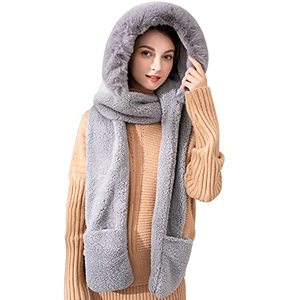lot 7117 image: keyaway Winter Hat Scarf Glove Set for Women,Warm Women Siamese Hooded Scarf Gloves Pocket Hat Long Scarf Shawl Wraps Coral fleece (Grey)