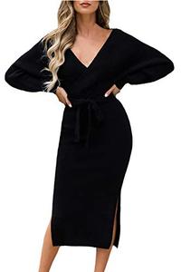 lot 7130 image: Viottiset Womens V Neck Bat Long Sleeve Sexy Slim Elegant Backless Wrap Body Con Holiday Cocktail Slit Long Midi Sweater Dress with Belt Black Large
