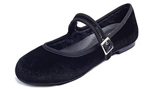 lot 7132 image: FEVERSOLE Womens Soft Cushion Extra Padded Comfort Round Toe Mary Jane Metal Buckle Fashion Ballet Flats Walking Shoes Black Velvet 9.5 M US
