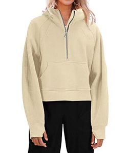 lot 7134 image: Womens Hooded Pullover Sweatshirts Half Zipper Crop Hoodie Fleece Lined Collar Zip Up Hoodies Cropped Long Sleeve Tops