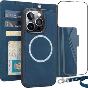 lot 7138 image: CAVOKAS Case Wallet for iPhone 14 Pro Wallet Case, 6.1 Inch Magnetic Detachable Leather Flip Case with Card Holders, Compatible with MagSafe Wireless Charging Kickstand Phone Cover RFID Block, Blue