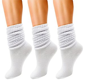 lot 7146 image: Winterlace 3 Pairs Slouch Socks for Women, Soft Extra Long Scrunch Knee High Sock, Bulk Pack (White)