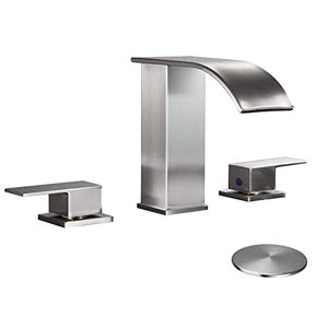 lot 7158 image: LOOPAN Widespread Bathroom Faucet Waterfall Bathroom Faucets for Sink 3 Hole Brushed Nickel, Bathroom Sink Faucet 8 Inch 2 Handles, Modern Bathroom Faucets with Pop-up Drain & cUPC Supply Lines