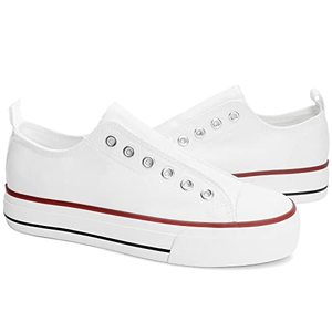 lot 7162 image: HYPOCRUTE Women�s White Platform Sneakers Canvas Slip On Shoes Low Top Casual Sneakers Elastic Fashion Sneakers(White, US8)