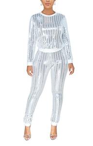 lot 7170 image: EOSIEDUR Womens 2 Piece Outfits & Sexy Silver Glitter Sequins & Metallic Shiny Pants Set Silver & White XXL