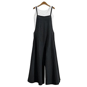 lot 7176 image: Aedvoouer Womens Baggy Plus Size Overalls Cotton Linen Jumpsuits Wide Leg Harem Pants Casual Rompers (A-Suspender Black, 2XL)