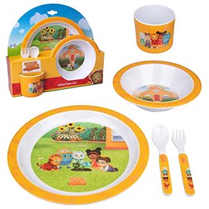 lot 7184 image: Daniel Tiger 5 Pc Mealtime Feeding Set for Kids and Toddlers - Includes Plate, Bowl, Cup, Fork and Spoon Utensil Flatware - Durable, Dishwasher Safe, BPA Free (Yellow)