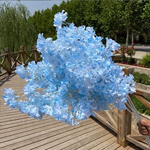 lot 7186 image: 5Pcs 33.5 Light Blue Artificial Cherry Blossom Flower Bushy Silk Branches for Spring Home Room Wedding Party Kawaii Decor, Japans National Flower