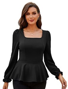 lot 7194 image: Womens Plus Size Ruffle Hem Casual Classic Tops Square Neck Long Lantern Sleeve Slim Fit Blouse T-Shirts Black 2XL