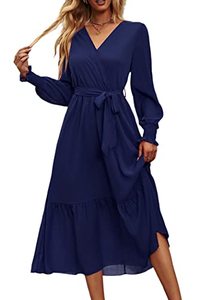 lot 7197 image: PRETTYGARDEN Womens Floral Print Boho Dress Long Sleeve Wrap V Neck Ruffle Belted A-Line Flowy Maxi Dresses (Solid Navy,X-Large)