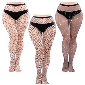 lot 7200 image: URATOT 3 Pack Women Plus Size Rhinestone Pantyhose Stockings Tights Sparkle Diamond Fishnets Tights