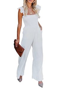 lot 7208 image: BLENCOT Womens Ruffle Spaghetti Straps High Waisted Long Wide Leg Jumpsuits Loose Sleeveless Rompers White Large