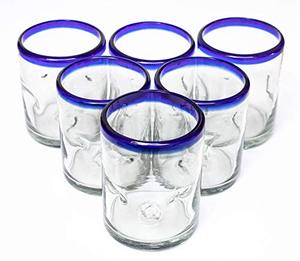 lot 7227 image: Blue Rim Mexican Kitchen Thick Durable Recycled Clear Hand Blown Drinking Glasses Cups Stemless Juice Margarita Wine Cobalt Picado Glassware 10 oz. Dishwasher Safe Set of 6