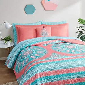 lot 7230 image: Degrees of Comfort Bed in A Bag Queen Size Boho Mandala Complete Comforter Sets, Microfiber Bohemian Bedding Set with Side Pockets, Matching Decorative Pillow, 8 Piece Coral