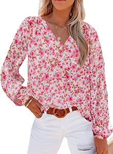 lot 7233 image: SHEWIN Womens Floral Boho V-Neck Spring Top - Casual Long Sleeve Loose Fit Blouse, Size M (US 8-10), Red